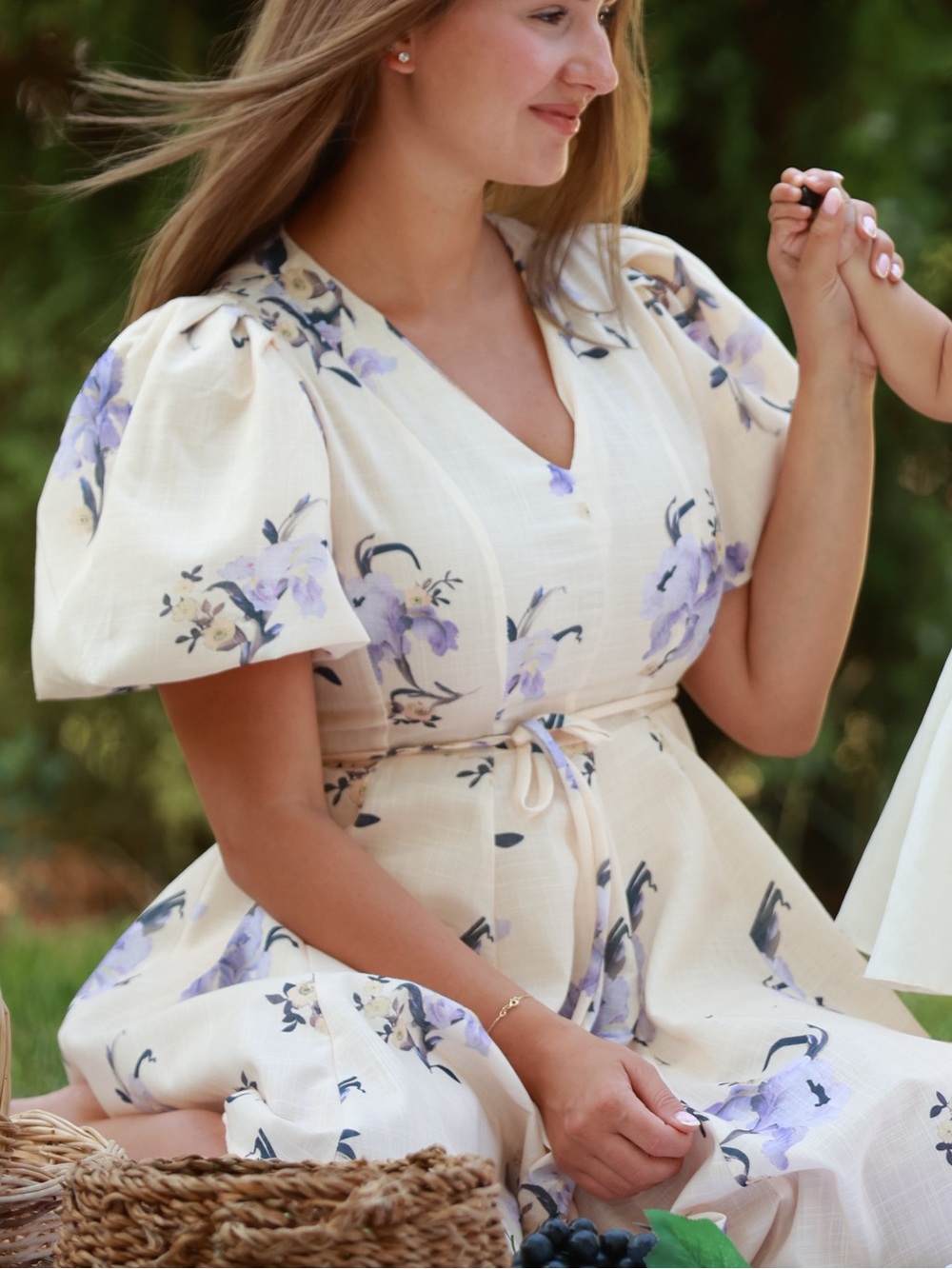 Floral Puff-Sleeve Casual Dress in Light Peach